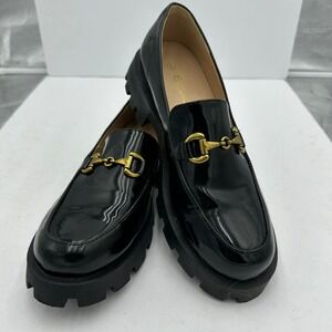 Womens Y2K Black Patent Chunky Platform Loafers Gold Bit Detail Women Size 9